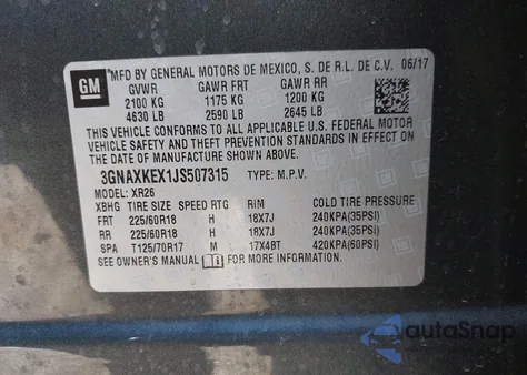 2018 Chevrolet Equinox Lt z USA, uszkodzony, nr VIN 3GNAXKEX1JS507315